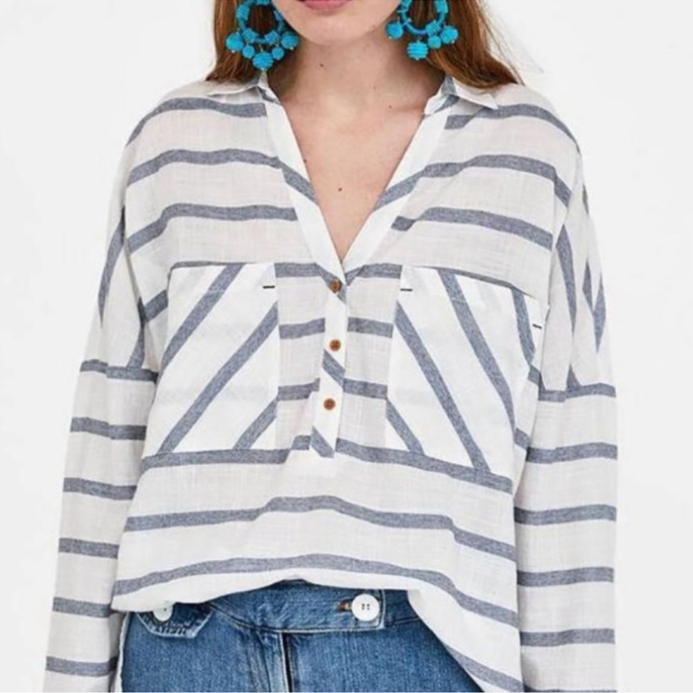 Zara Striped Lightweight Cotton Popover Top 1821/024/060‎ Small